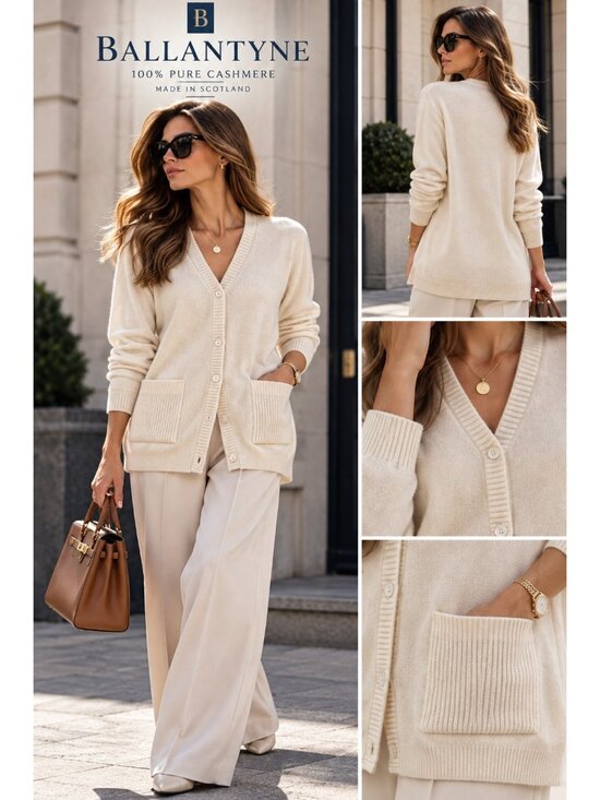 Ballantyne Sweaters - Vintage Ballantyne Scotland 100% Pure Cashmere Cream Long Cardigan Sweater M